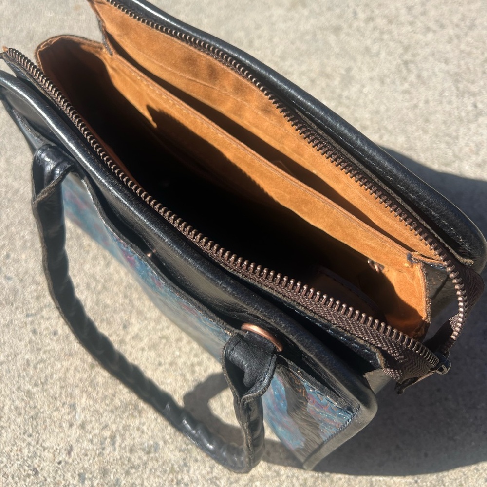 Patricia Nash Black Blue Leather Kimono Tapestry Crossbody Floral Embossed Purse - Picture 6 of 13